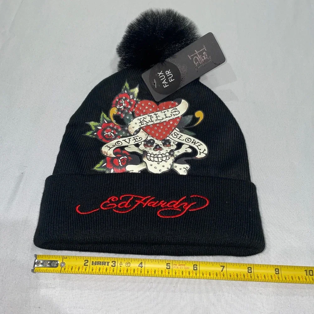 Ed Hardy Love Kills Slowly Black Rhinestone Beanie Faux Fur Pom Hat NWT